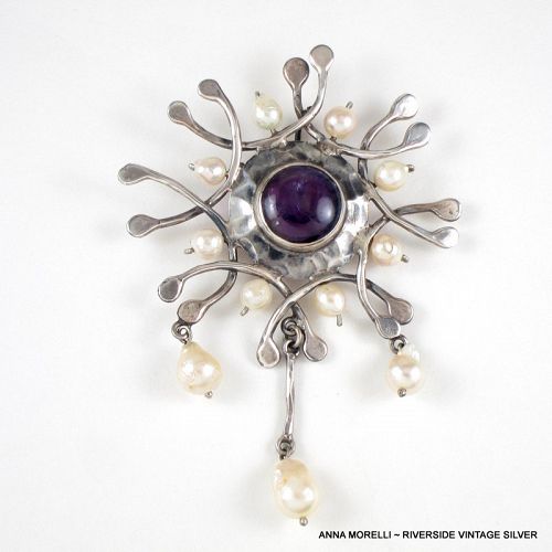 Anna Morelli Silver, Pearl & Amethyst Surrealist Pendant & Pin