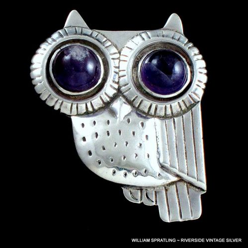 William Spratling Owl Pin Amethyst & Sterling Silver