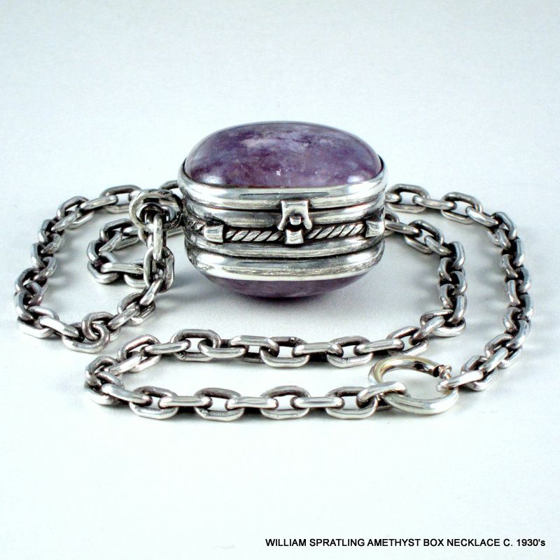 William Spratling Necklace Amethyst & Sterling Pill Box Pendant