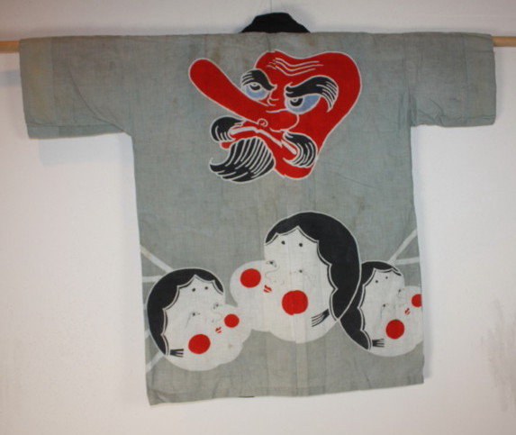 Japanese tengu and okame cotton hanten textile