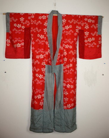 Meiji beni-itajime katazome silk jyuban kimono textile