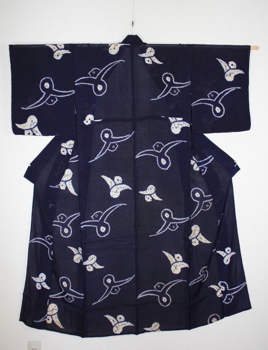 Japanese antique Indigo dye silk shibori Pattern of charming sparrow