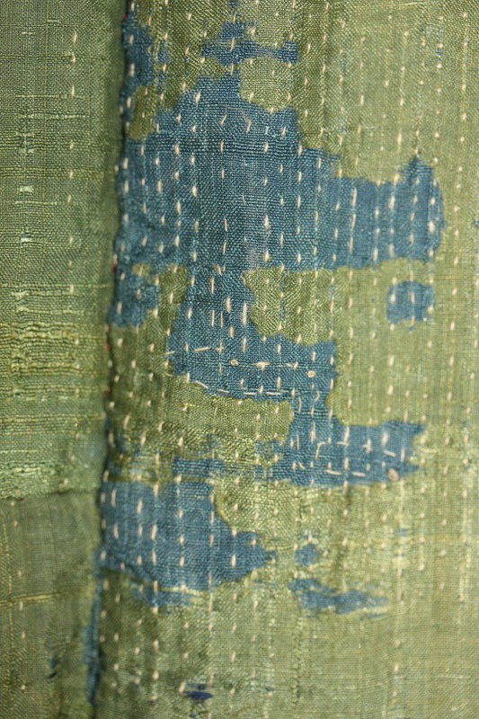 Indigo &amp; green Patched sashiko Stitch silk rag edo era