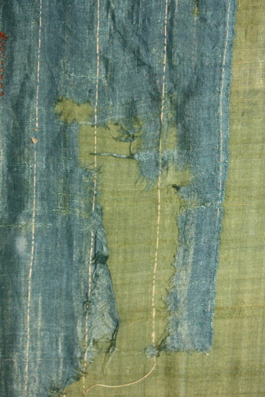 Indigo &amp; green Patched sashiko Stitch silk rag edo era