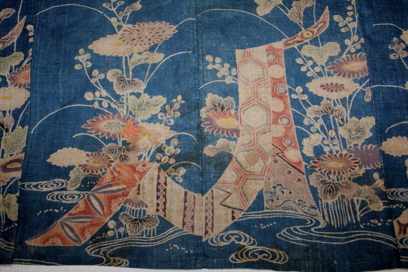 Edo Indigo Yuzen Child kimono Hemp Hand-spun. Rare.