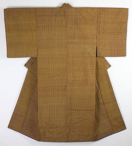 Meiji Golden brown Tsumugi- silk Lattice –Shima Hand-spun Kimono.