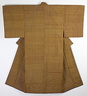 Meiji Golden brown Tsumugi- silk Lattice –Shima Hand-spun Kimono.
