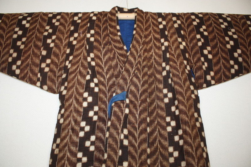 Japanese antique katazome cotton child kimono pattern of kasuri &amp; leaf