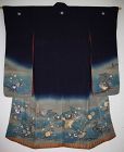 Japanese antique indigo dye silk yuzen dyed  & embroidery kimono Edo