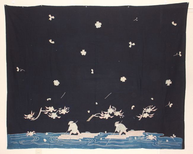 Japanese Edo Antique Tsutsugaki curtain of Indigo dye.