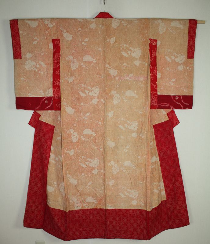 Japanese antique natural Safflower dyeing cotton & shibori kimono