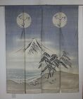 Japanese antique Edo silk kaga-noren of Mount Fuji & seaside landscape