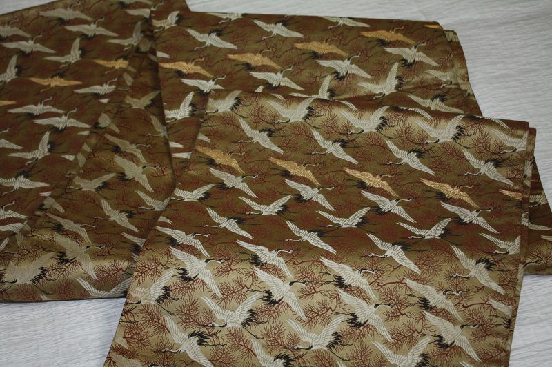 Japanese antique silk maru obi of Young leaves of pine  Flock of crane