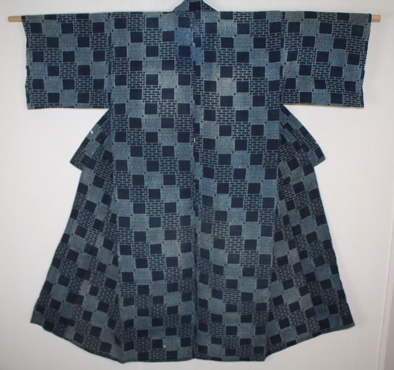 Japanese antique handspun & natural indigo dye cotton katazome kimono
