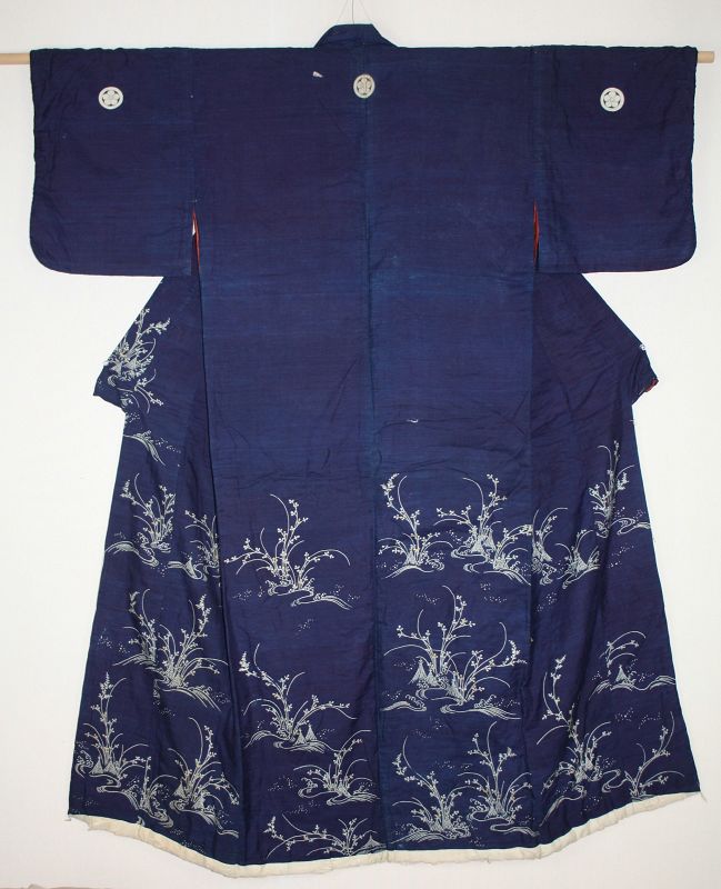 Japanese antique indigo dye silk tsutsugaki yuzen kimono of edo era