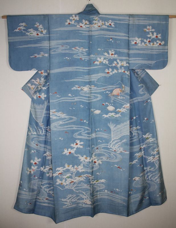 Antique Excellent indigo dye silk kosode kimono tsutsugaki edo 1800