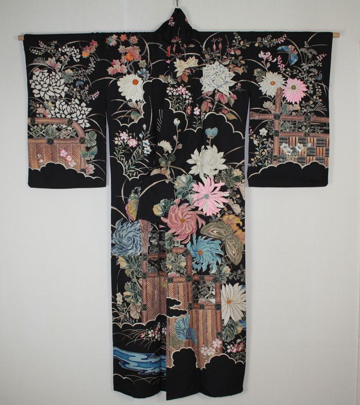 Japanese rare edo yuzen dye Hand-painted & Hand embroidery kimono
