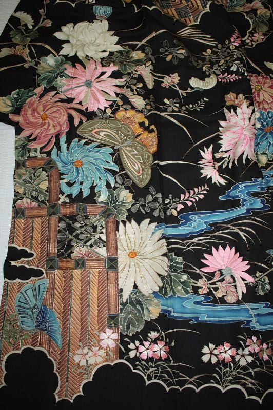 Japanese rare edo yuzen dye Hand-painted &amp; Hand embroidery kimono