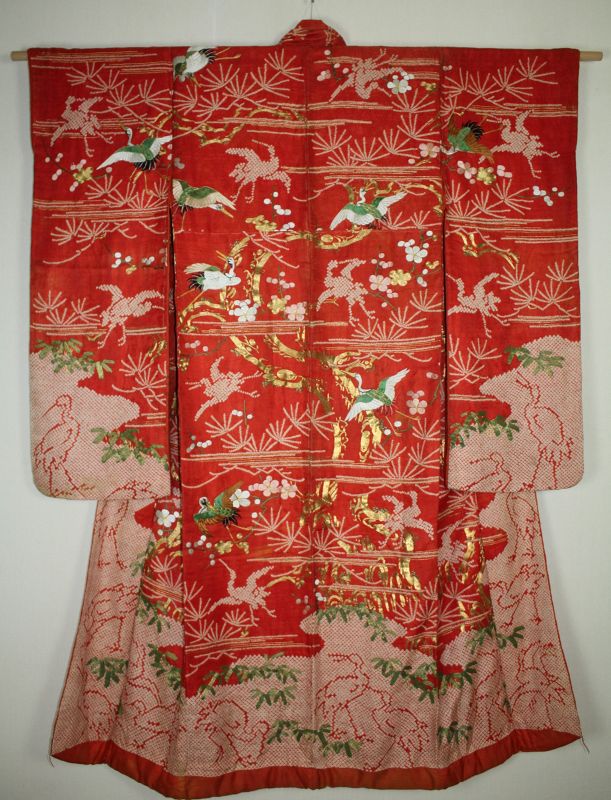 Japanese rare edo shibori embroidery safflower dyeing silk kimono