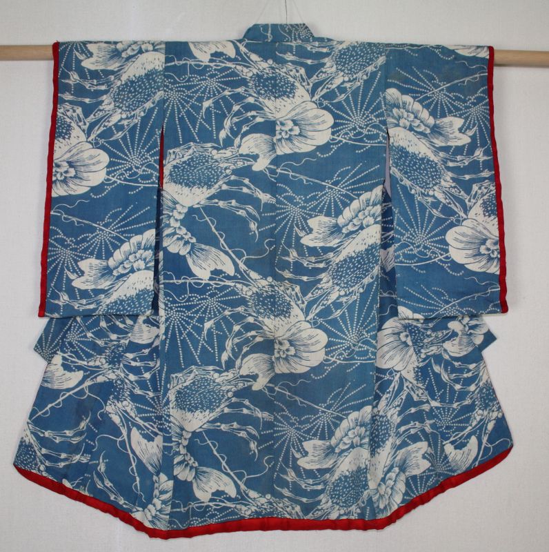 Japanese edo antique indigo dye silk  child kimono ise- lobster