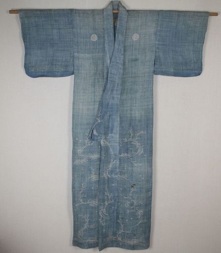 Japanese antique indigo Chom katabira echigo jyofu kimono Edo1716-1736