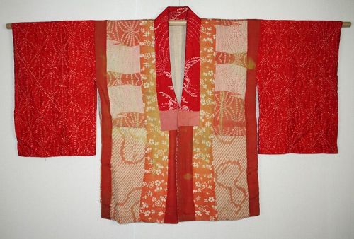 Japanese antique safflower dyeing itajime shibori hanjyuban edo-meiji