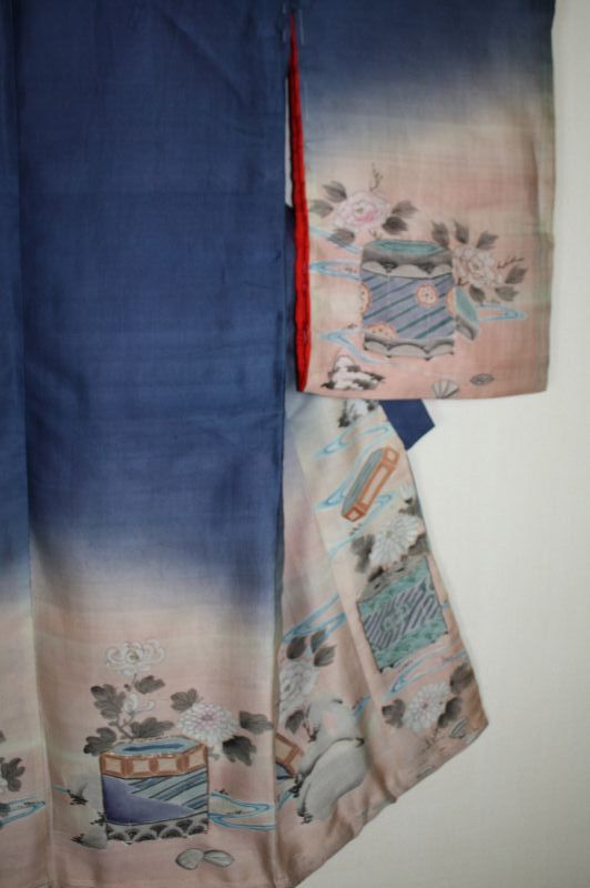 japanese antique silk indigo dye yuzen dye child kimono of meiji