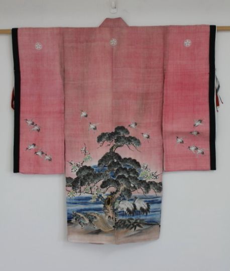 Japanese antique child kimono Yuzen-dyed natural safflower hemp edo