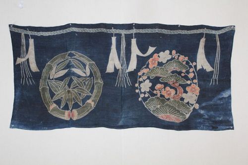 japanese antique Edo tsutsugaki Indigo Multicolor Pigment Hemp display