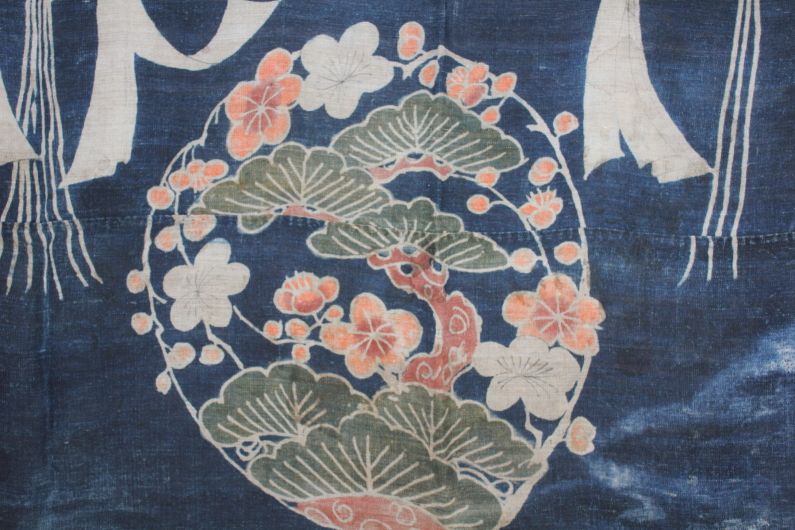 japanese antique Edo tsutsugaki Indigo Multicolor Pigment Hemp display