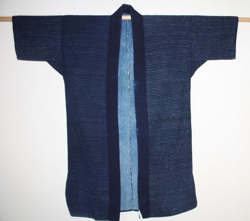 Japanese antique indigo dye boro noragi of sashiko-stitched meiji