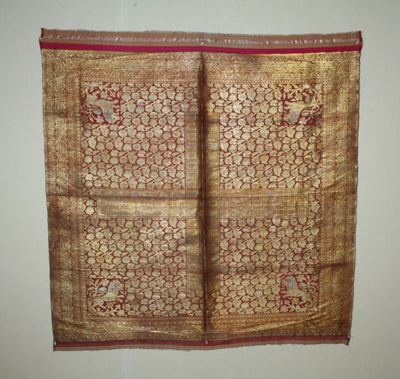Antique old Indian gold thread silk fabric: lion and flower pattern
