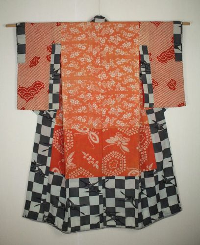 Japanese antique a rare silk yosegire kimono of shibori ,katazome edo