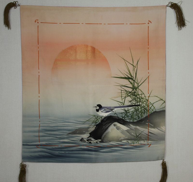 Japanese antique silk fukusa textile of embroidered & yuzen dayed