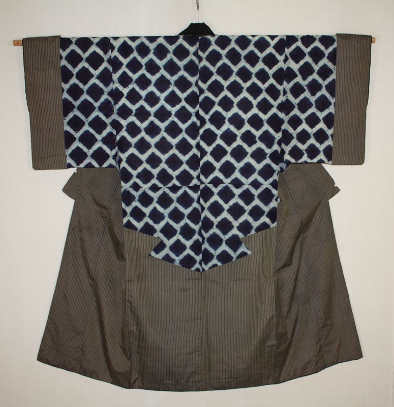 Japanese antique indigo dye (Tie-dye)& Stripes kimono of edo period