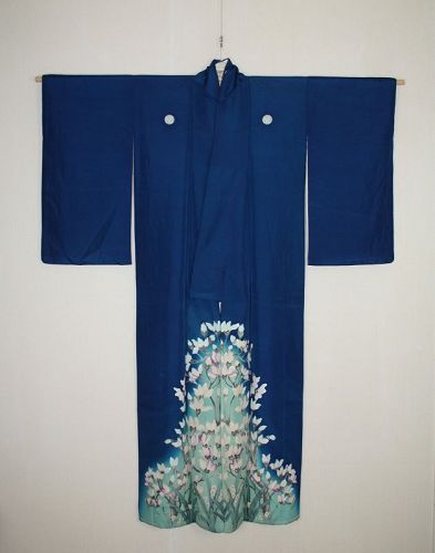 Japanese antique silk kimono of magnolia pattern blue background