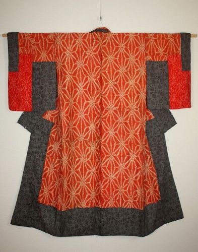 Japanese antique benibana-dye & shibori and katazome yosegire kimono