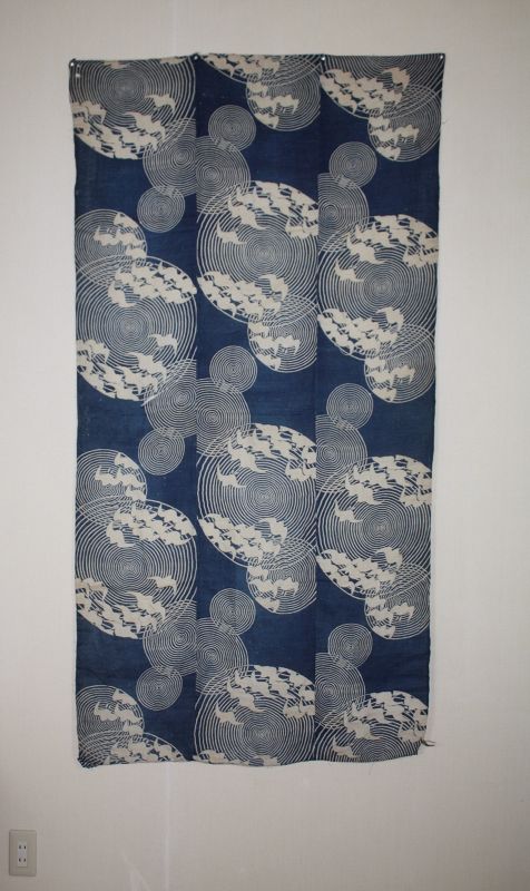 japanese antique Ramie kaazome textile Swirl ,seagull  pattern meiji