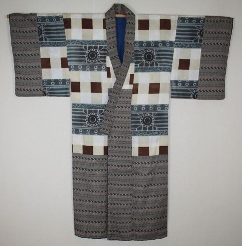 Japanese antique silk katazome dyeing, Yosegire patched kimono