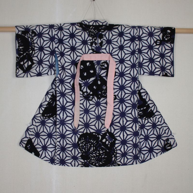 Japanese antique rare baby kimono (ubugi) of katazome cotton