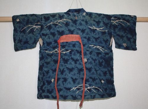 Japanese antique rare baby kimono (ubugi) indigo dye shibori katazome