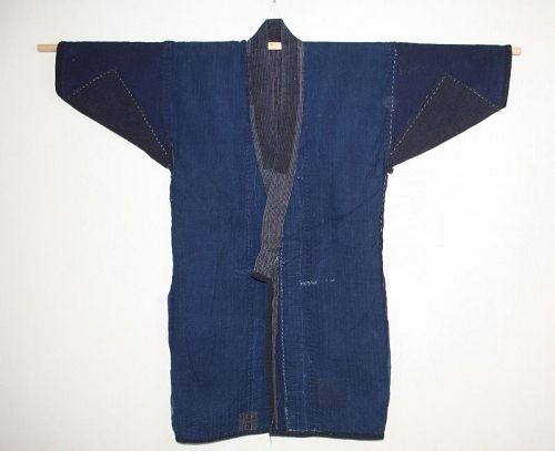 Japanese antique idigo dye cotton boro long noragi Shonai sashiko