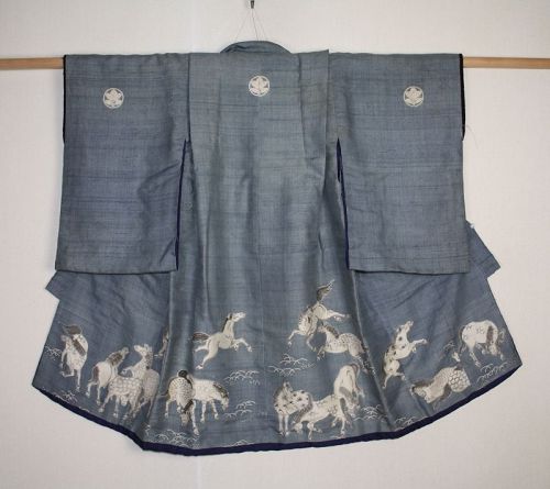 Antique tsutsugaki child kimono large herd of frolicking horses edo