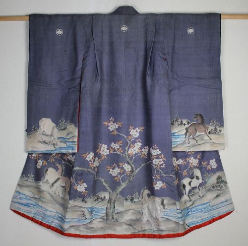 Japanese antique tsutsugaki yuzen dye silk child kimono edo