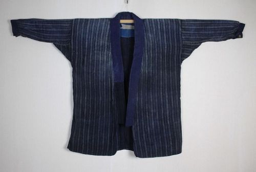 Japanese antique Boro noragi of natural indigo dye thik katazome hemp