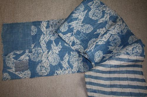 Japanese antique indigo dye  ramie katazome boro long fabric edo