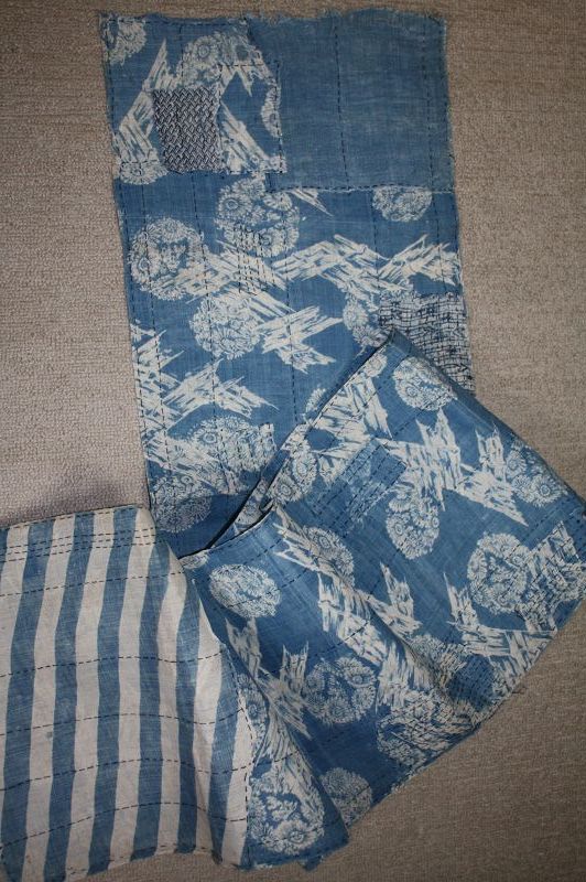 Japanese antique indigo dye  ramie katazome boro long fabric edo