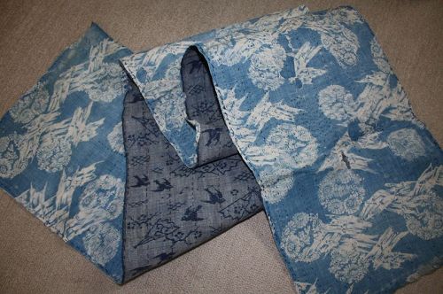 Japanese antique indigo dye ramie katazome & kasuri ikat  long fabric