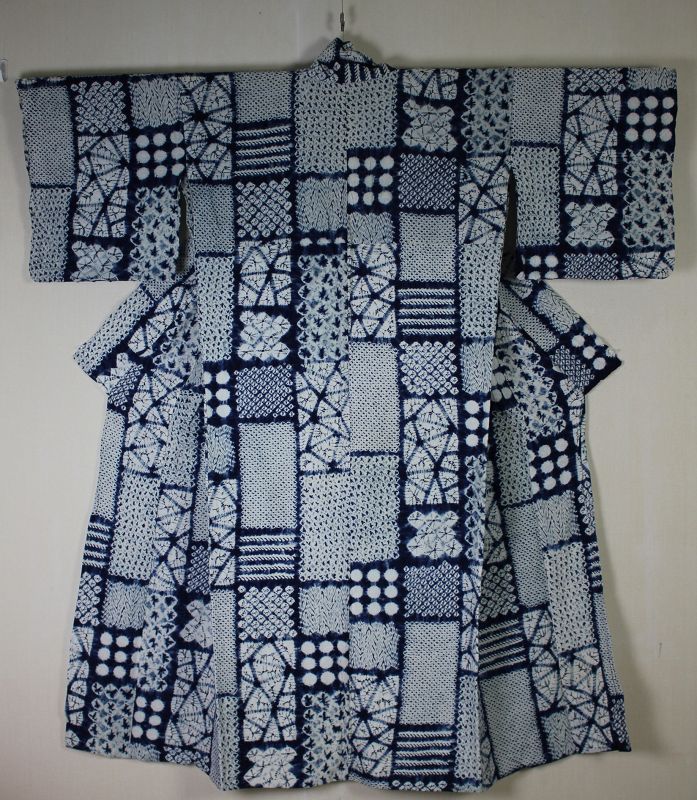 Japanese antique textile indigo dye cotton narumi-Shibori kimono meiji