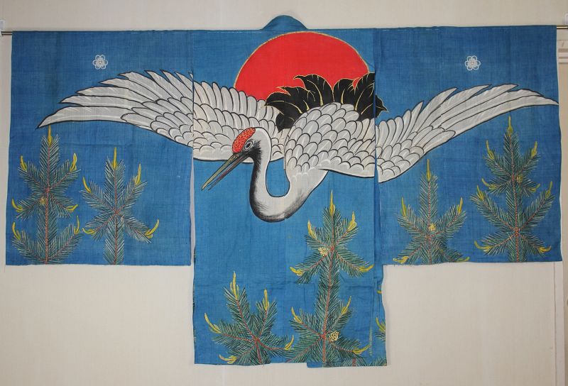 Japanese antique textile ramie indigo Tsutsugaki crane Meiji